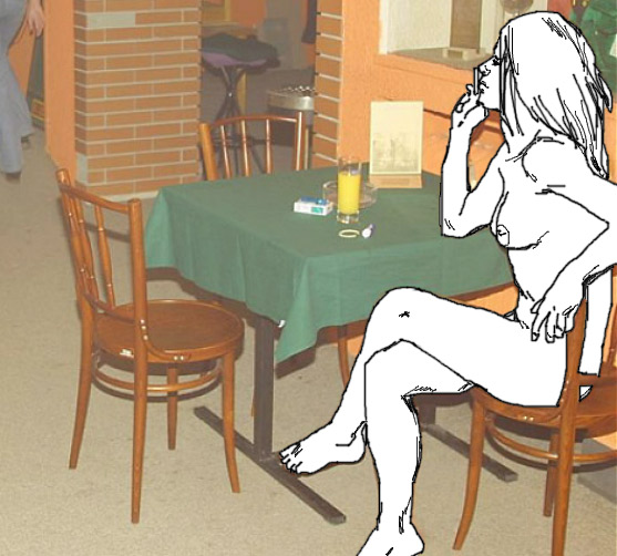 invisible woman, naked at a cafe. 